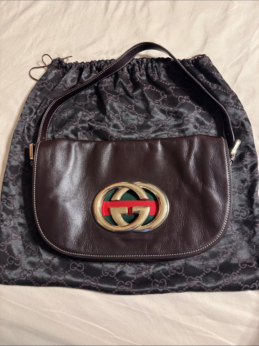 Vintage Gucci Britt Brown Leather Shoulder Flap Bag with GG Logo & dust bag.